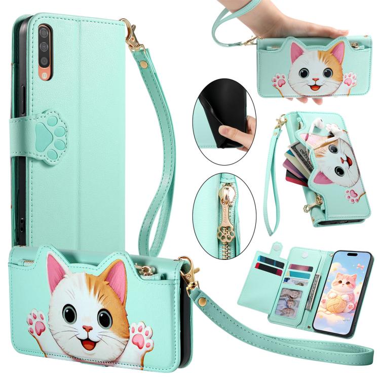 Portafoglio a forma di gatto con cerniera, custodia per telefono in ecopelle con cinturino, For Galaxy A70 / A70s, For Galaxy A50 / A50s / A30s, For Galaxy A20 / A30