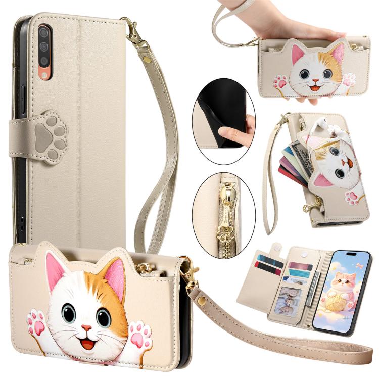 Portafoglio a forma di gatto con cerniera, custodia per telefono in ecopelle con cinturino, For Galaxy A70 / A70s, For Galaxy A50 / A50s / A30s, For Galaxy A20 / A30