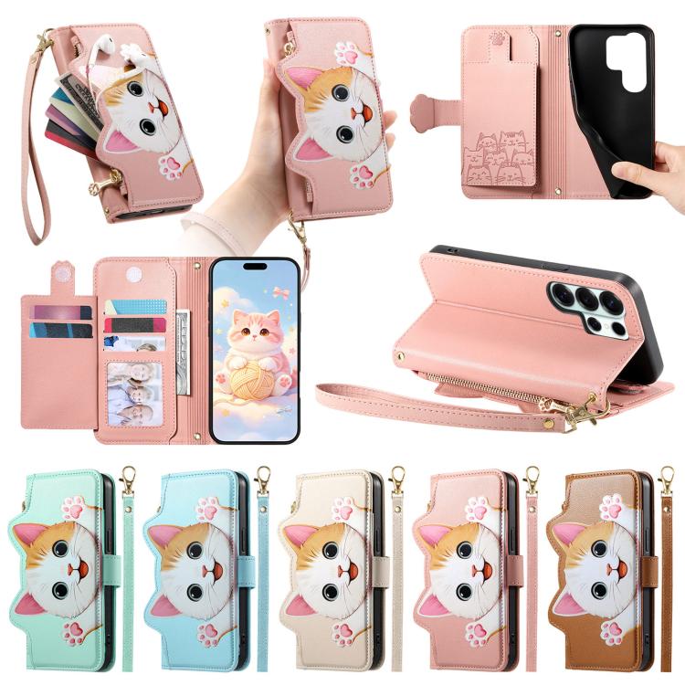 Portafoglio a forma di gatto con cerniera, custodia per telefono in ecopelle con cinturino, For Galaxy A17 5G, For Galaxy A06, For Galaxy A56 5G, For Galaxy A26 5G