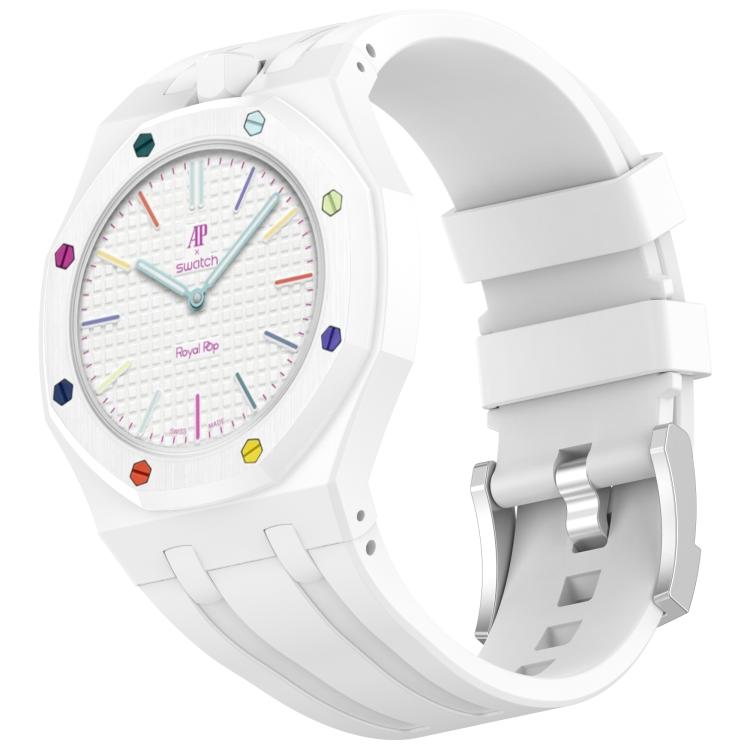 Cinturino in silicone a contrasto con fibbia ad ardiglione integrata in acciaio inossidabile., For Swatch Royal Pop