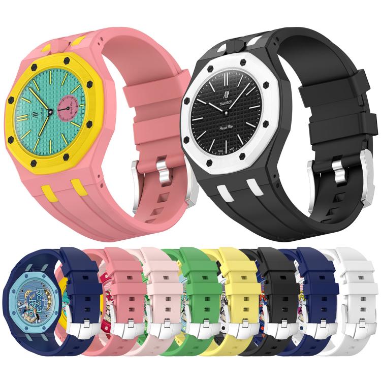 Cinturino in silicone a contrasto con fibbia ad ardiglione integrata in acciaio inossidabile., For Swatch Royal Pop