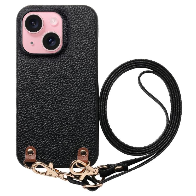 Custodia per telefono in PU con retro in pelle, fibbia in metallo e tracolla, texture litchi, con fibbia in metallo e texture a litchi., For iPhone 15 Pro, For iPhone 15 Plus, For iPhone 15