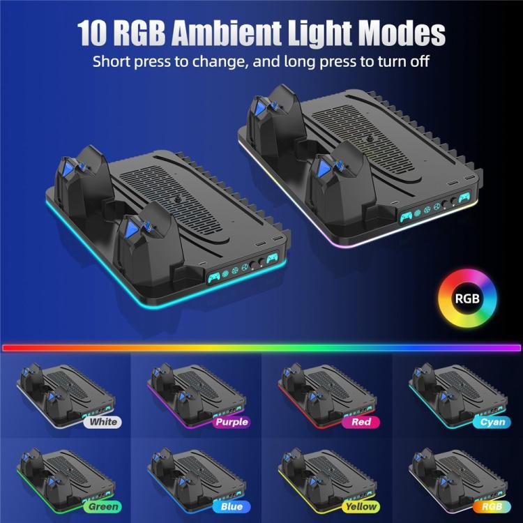 Supporto di raffreddamento per PS5 / PS5 Slim / PS5 Pro, stazione di ricarica per doppio controller, supporto per riporre i giochi.