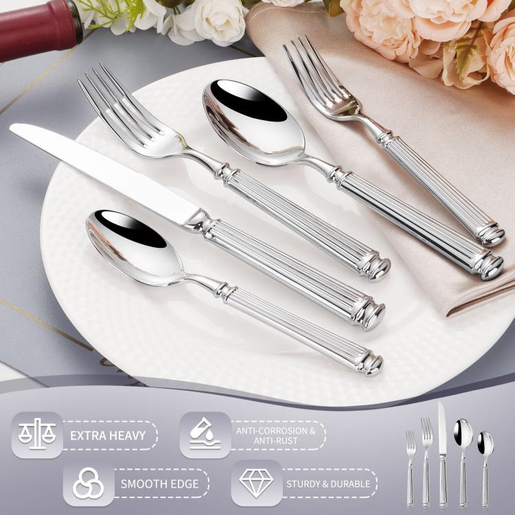 Servizio da tavola in acciaio inox con colonne romane lucidate a specchio, Dinner Knife, Dinner Fork, Dinner Spoon, Dessert Fork, Dessert Spoon