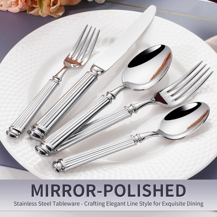 Servizio da tavola in acciaio inox con colonne romane lucidate a specchio, Dinner Knife, Dinner Fork, Dinner Spoon, Dessert Fork, Dessert Spoon
