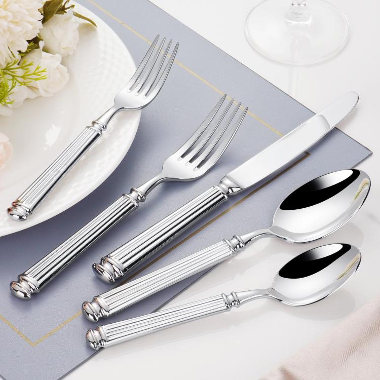 Servizio da tavola in acciaio inox con colonne romane lucidate a specchio, Dinner Knife, Dinner Fork, Dinner Spoon, Dessert Fork, Dessert Spoon