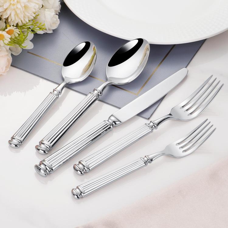 Servizio da tavola in acciaio inox con colonne romane lucidate a specchio, Dinner Knife, Dinner Fork, Dinner Spoon, Dessert Fork, Dessert Spoon