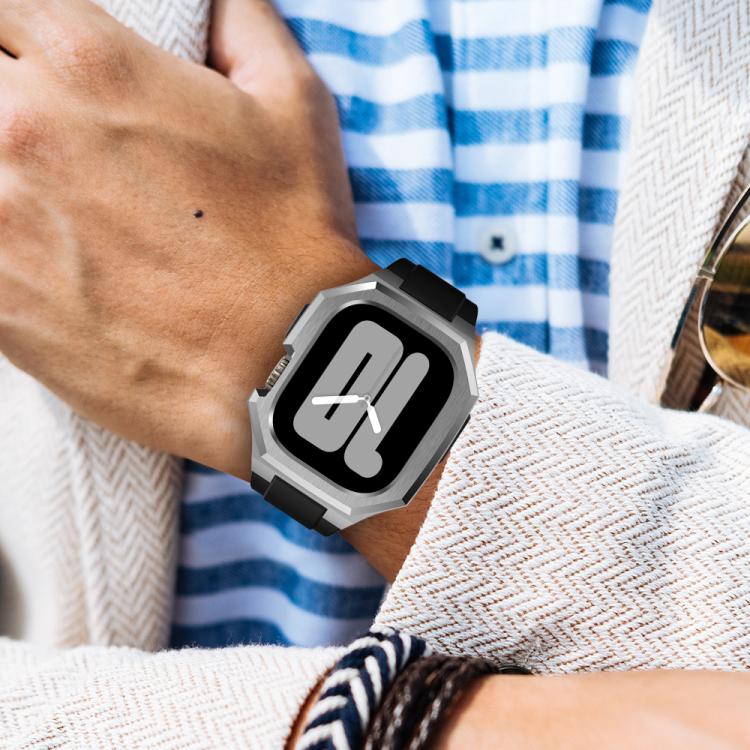 Cassa protettiva in acciaio inossidabile, cinturino integrato in gomma fluorurata., For Apple Watch Series SE / 6 / 5 / 4 44mm, For Apple Watch Series 11 / 10 46mm, For Apple Watch Series 9 / 8 / 7 45mm