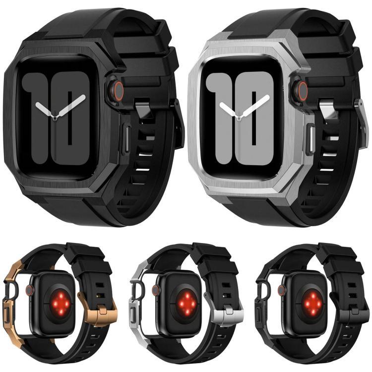 Cassa protettiva in acciaio inossidabile, cinturino integrato in gomma fluorurata., For Apple Watch Series SE / 6 / 5 / 4 44mm, For Apple Watch Series 11 / 10 46mm, For Apple Watch Series 9 / 8 / 7 45mm