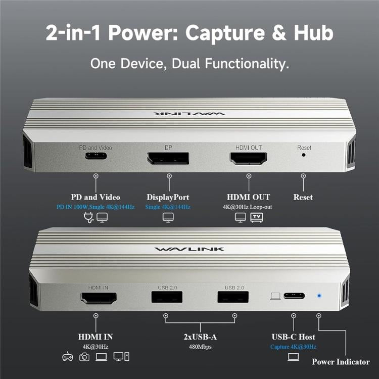 Adattatore per registratore di streaming WAVLINK WL-VR204, scheda di acquisizione video HD 4K, hub video PD da 100 W., WL-VR204