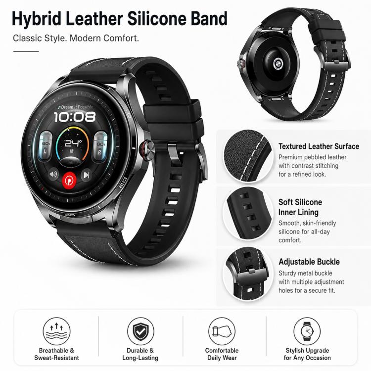 Cinturino per orologio ibrido in pelle e silicone con pulsante di sgancio rapido, 22mm