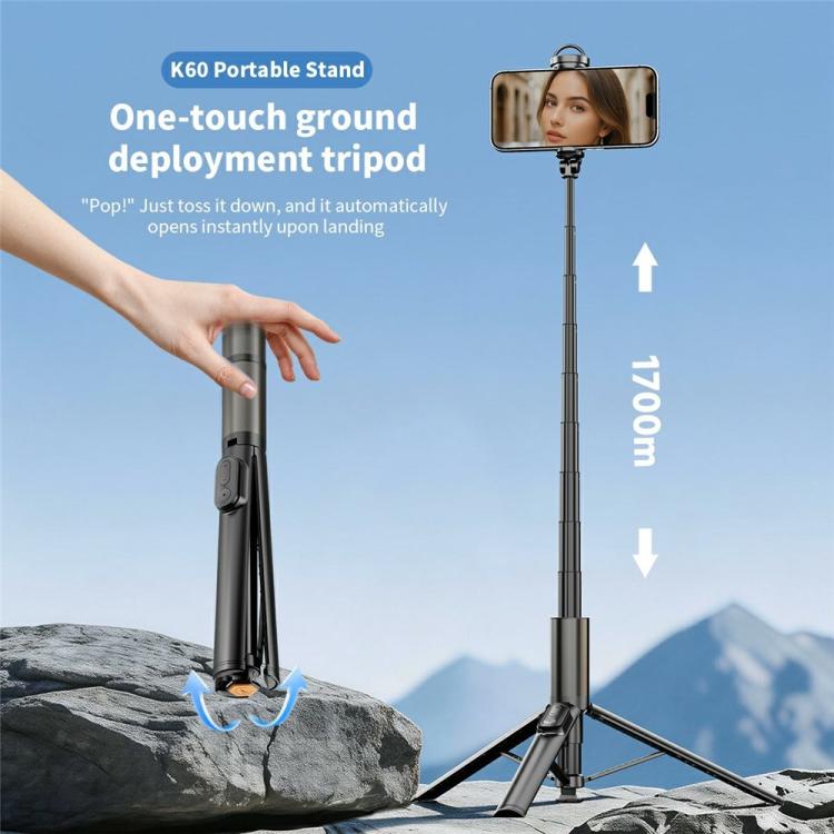 K60 Supporto per telefono estensibile in lega di alluminio da 170 cm, asta per selfie portatile, treppiede per fotografia., K60(Black), K60(Champagne Gold)