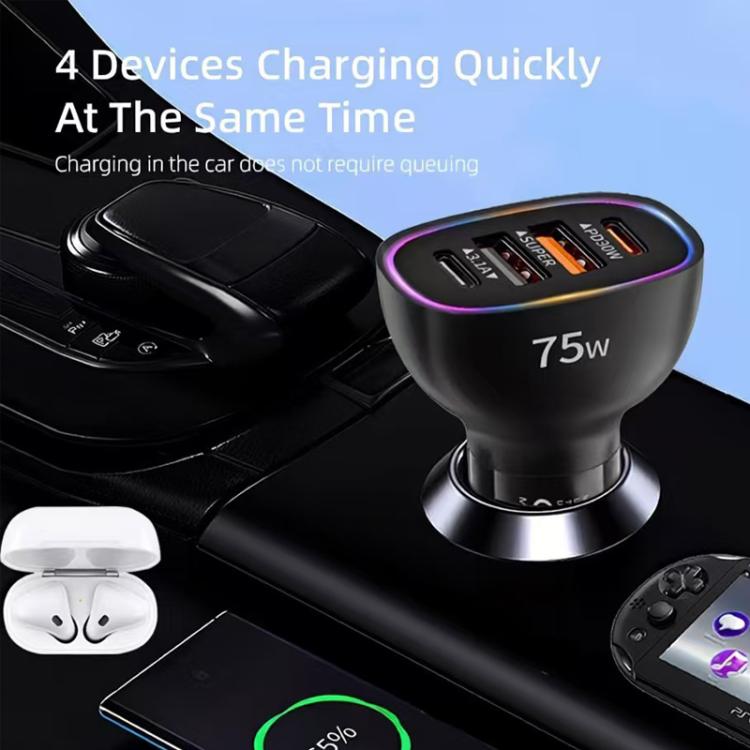 Caricabatterie da auto multiprotocollo P54 da 75 W PD3.0 con 2 porte USB-C e 2 porte USB., without Cable