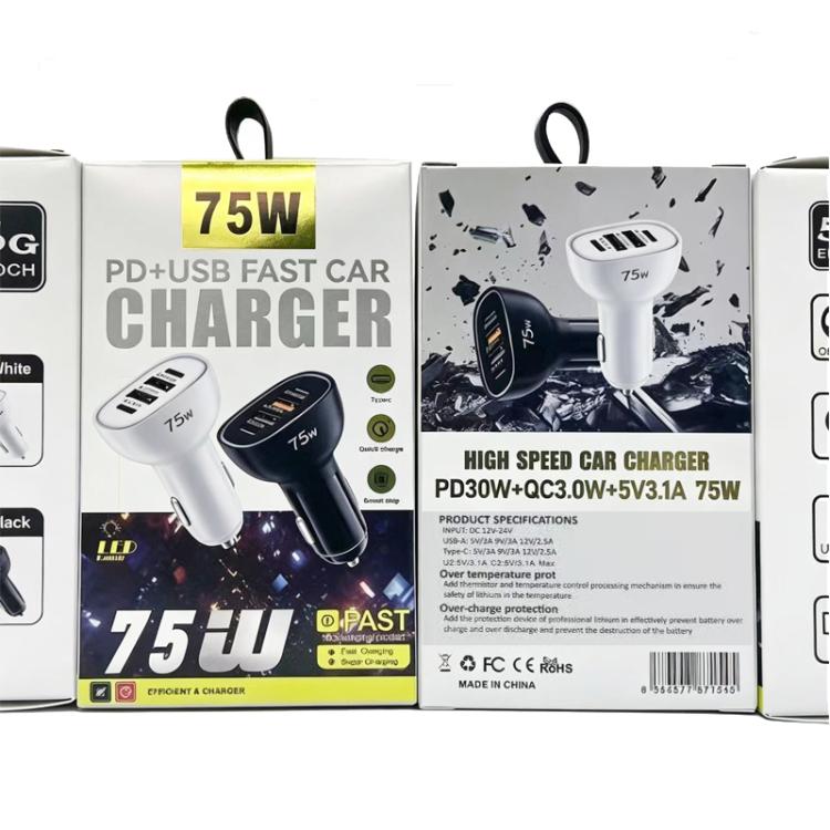 Caricabatterie da auto P54 da 75 W PD3.0 con 2 porte USB-C e 2 porte USB, completo di cavo dati da Type-C a Type-C., with Cable