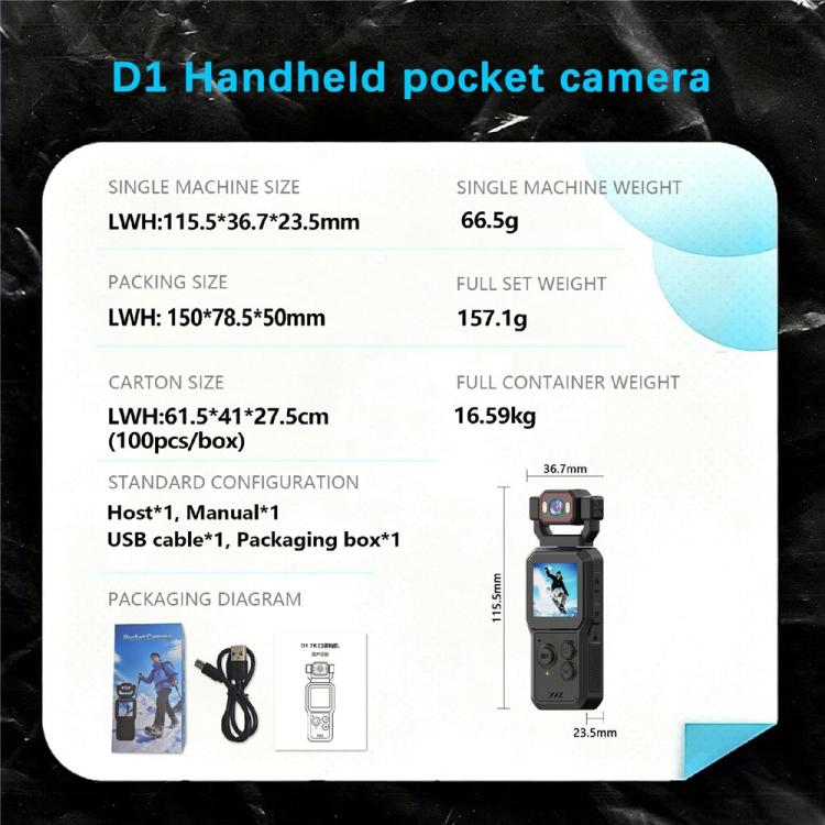 Videocamera D1 4K HD con registrazione Wi-Fi e Bluetooth, schermo HD da 1,54 pollici, portatile e maneggevole., D1