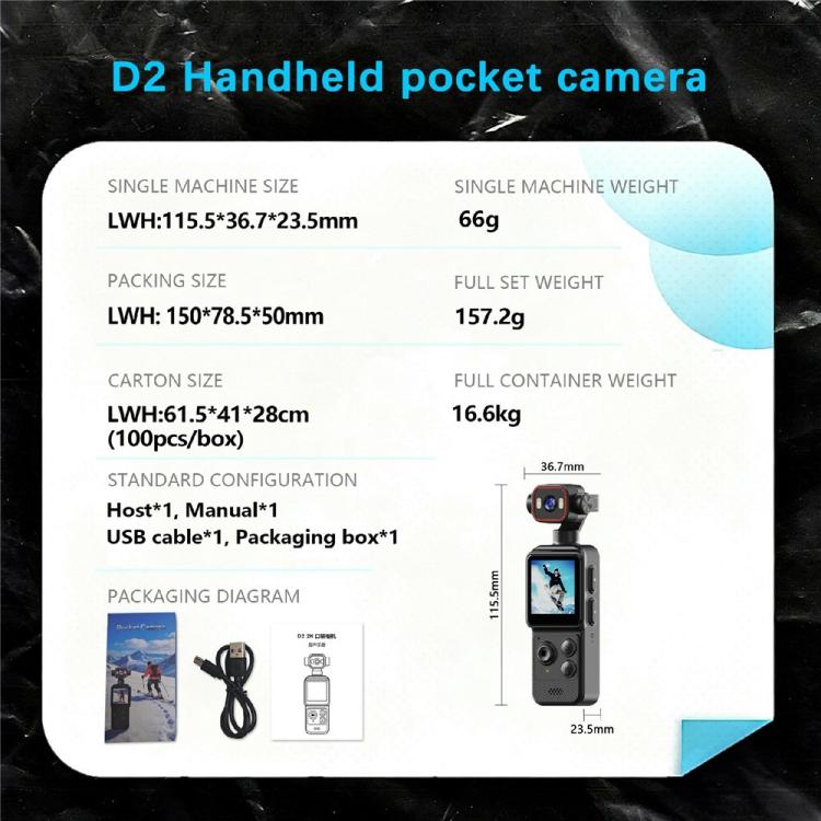 Videocamera sportiva D2 4K con obiettivo girevole a 270 gradi, schermo HD da 1,54 pollici, Wi-Fi e luce LED., D2