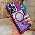 Custodia magnetica per telefono in acrilico opaco con glitter e effetto sfumato galvanizzato., For iPhone 16 Plus, For iPhone 16, For iPhone 15 Pro Max