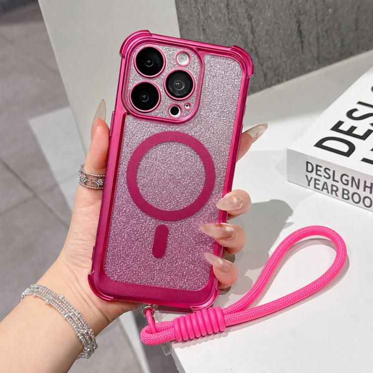 Custodia magnetica per telefono in acrilico opaco con glitter e effetto sfumato galvanizzato, con cinturino incluso., For iPhone 15 Pro, For iPhone 15 Plus, For iPhone 15