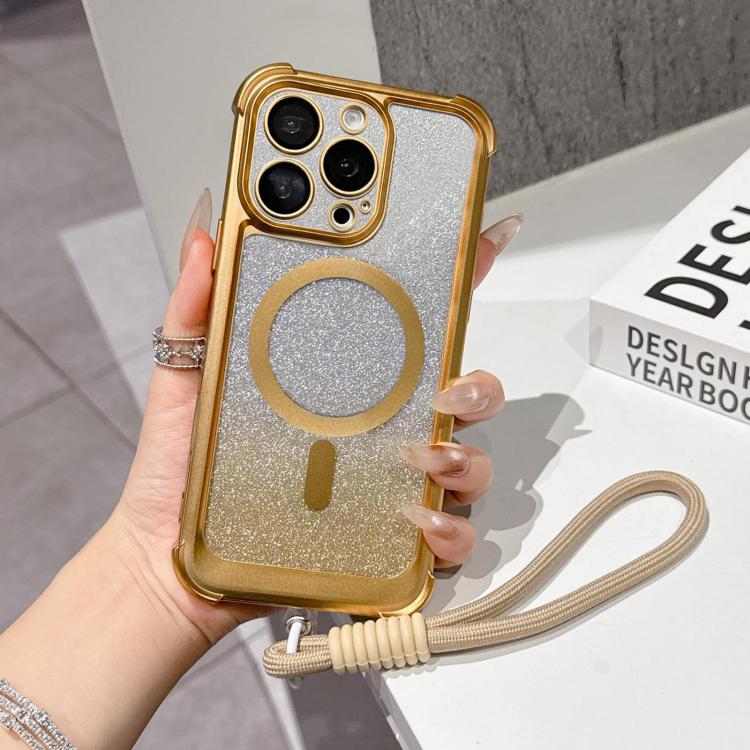 Custodia magnetica per telefono in acrilico opaco con glitter e effetto sfumato galvanizzato, con cinturino incluso., For iPhone 15 Pro, For iPhone 15 Plus, For iPhone 15