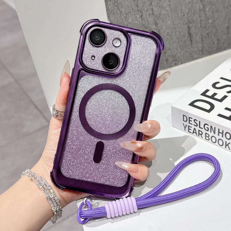 Custodia magnetica per telefono in acrilico opaco con glitter e effetto sfumato galvanizzato, con cinturino incluso., For iPhone 15 Pro, For iPhone 15 Plus, For iPhone 15