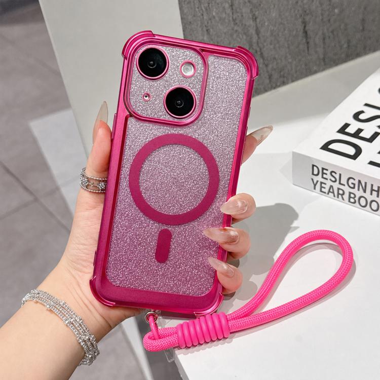 Custodia magnetica per telefono in acrilico opaco con glitter e effetto sfumato galvanizzato, con cinturino incluso., For iPhone 15 Pro, For iPhone 15 Plus, For iPhone 15