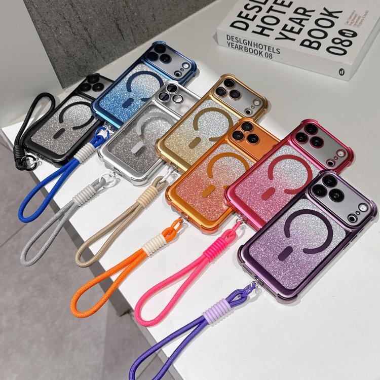 Custodia magnetica per telefono in acrilico opaco con glitter e effetto sfumato galvanizzato, con cinturino incluso., For iPhone 15 Pro, For iPhone 15 Plus, For iPhone 15