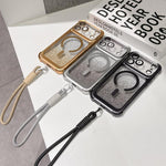Custodia magnetica per telefono in acrilico opaco con glitter e effetto sfumato galvanizzato, con cinturino incluso., For iPhone 15 Pro, For iPhone 15 Plus, For iPhone 15