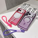 Custodia magnetica per telefono in acrilico opaco con glitter e effetto sfumato galvanizzato, con cinturino incluso., For iPhone 15 Pro, For iPhone 15 Plus, For iPhone 15