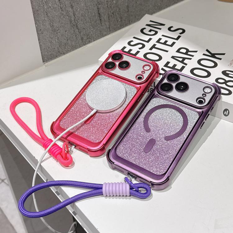 Custodia magnetica per telefono in acrilico opaco con glitter e effetto sfumato galvanizzato, con cinturino incluso., For iPhone 15 Pro, For iPhone 15 Plus, For iPhone 15