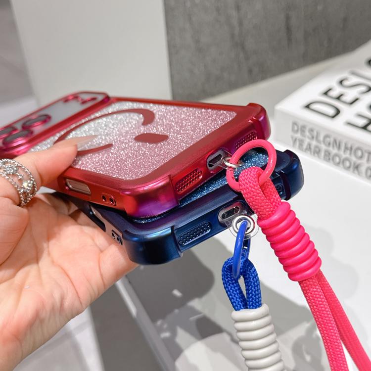Custodia magnetica per telefono in acrilico opaco con glitter e effetto sfumato galvanizzato, con cinturino incluso., For iPhone 15 Pro, For iPhone 15 Plus, For iPhone 15
