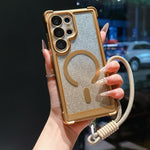 Custodia magnetica per telefono in acrilico opaco con glitter e effetto sfumato galvanizzato, con cinturino incluso., For Galaxy S26+ 5G, For Galaxy S26 Ultra 5G, For Galaxy S26 5G