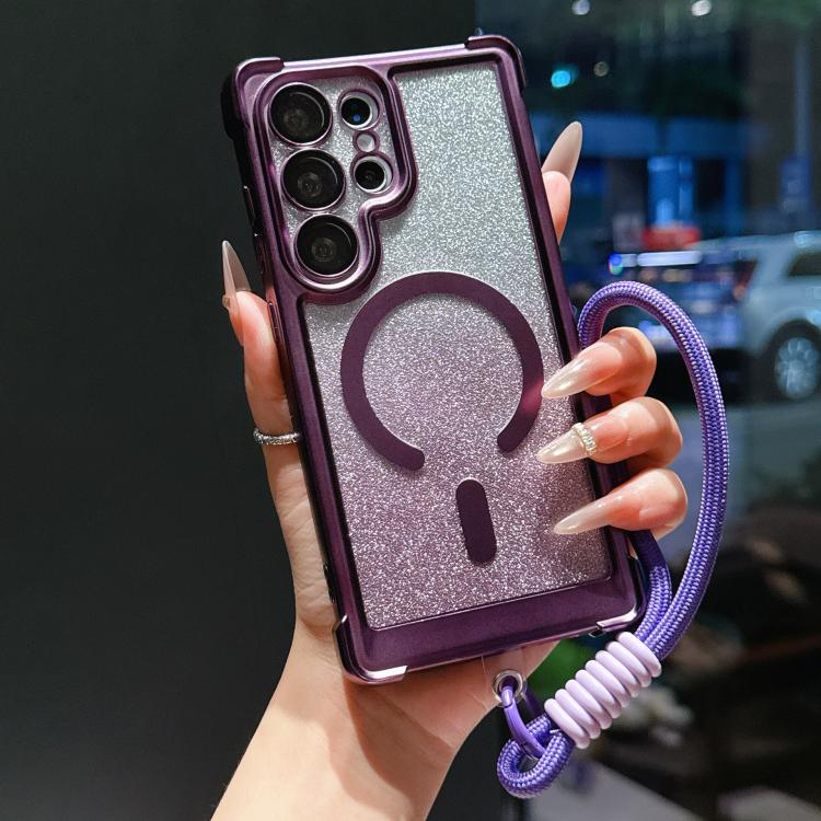 Custodia magnetica per telefono in acrilico opaco con glitter e effetto sfumato galvanizzato, con cinturino incluso., For Galaxy S24 FE 5G, For Galaxy S24 Ultra 5G, For Galaxy S24+ 5G