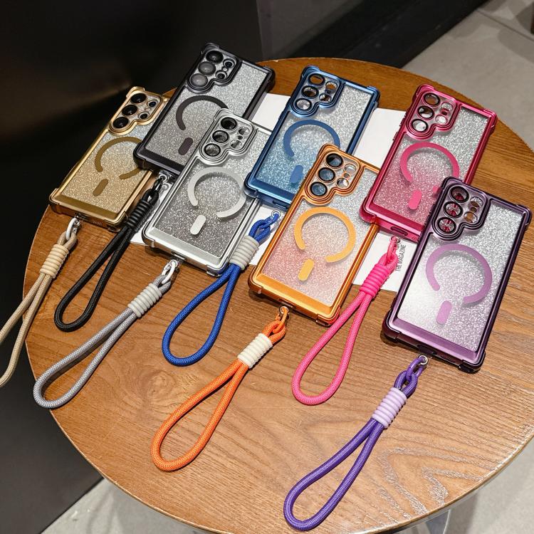 Custodia magnetica per telefono in acrilico opaco con glitter e effetto sfumato galvanizzato, con cinturino incluso., For Galaxy S24 FE 5G, For Galaxy S24 Ultra 5G, For Galaxy S24+ 5G