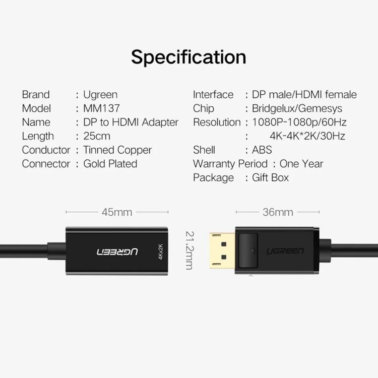 UGREEN MM137 40363 4K/30Hz DP to HD Converter DisplayPort to HD Adapter