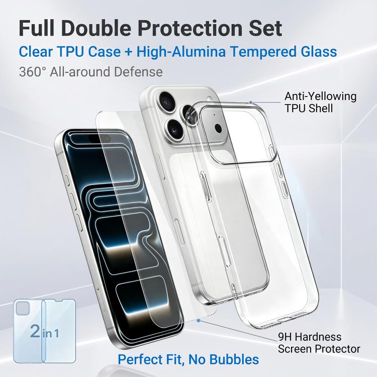 Set 2 in 1: custodia per telefono in TPU trasparente con pellicola protettiva in vetro temperato ad alto contenuto di allumina., For iPhone 18 Pro, For iPhone 18 Pro Max, For iPhone 17 Pro Max, For iPhone 17 Pro, For iPhone 17, For iPhone Air          ...