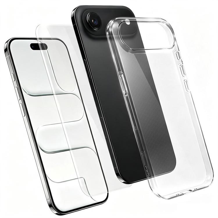 Set 2 in 1: custodia per telefono in TPU trasparente con pellicola protettiva in vetro temperato ad alto contenuto di allumina., For iPhone 18 Pro, For iPhone 18 Pro Max, For iPhone 17 Pro Max, For iPhone 17 Pro, For iPhone 17, For iPhone Air          ...