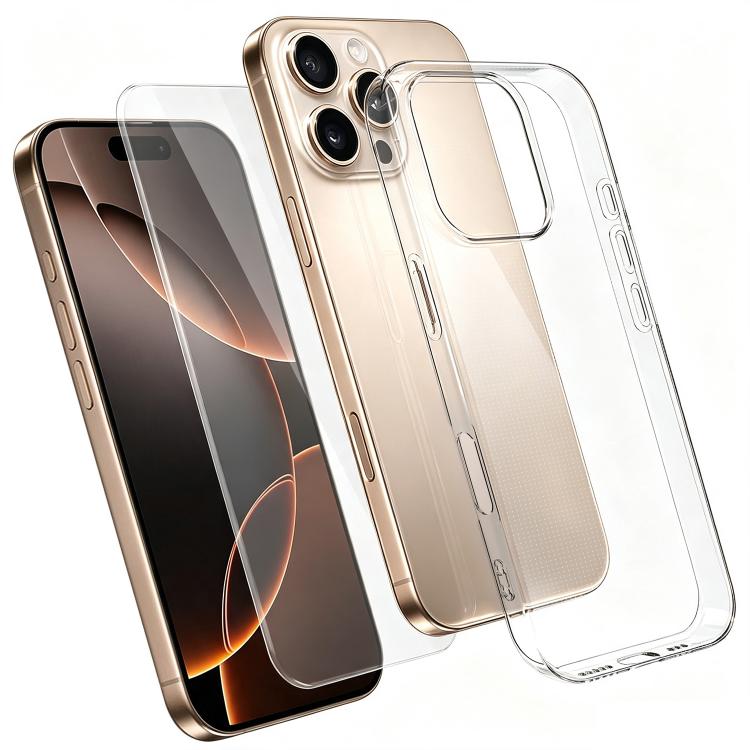 Set 2 in 1: custodia per telefono in TPU trasparente con pellicola protettiva in vetro temperato ad alto contenuto di allumina., For iPhone 18 Pro, For iPhone 18 Pro Max, For iPhone 17 Pro Max, For iPhone 17 Pro, For iPhone 17, For iPhone Air          ...