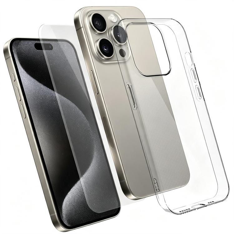 Set 2 in 1: custodia per telefono in TPU trasparente con pellicola protettiva in vetro temperato ad alto contenuto di allumina., For iPhone 18 Pro, For iPhone 18 Pro Max, For iPhone 17 Pro Max, For iPhone 17 Pro, For iPhone 17, For iPhone Air          ...