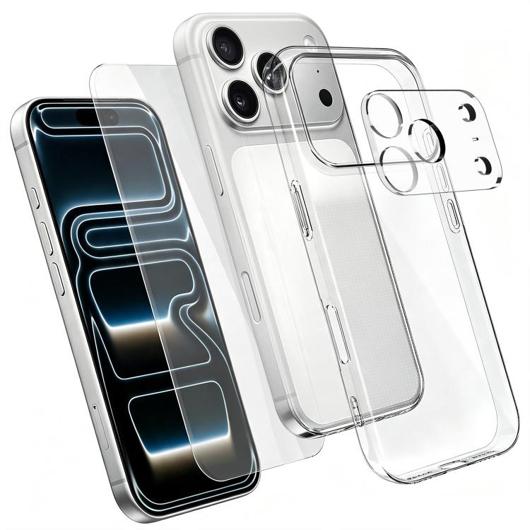 Set 3 in 1: custodia per telefono in TPU trasparente con pellicola in vetro temperato ad alto contenuto di allumina e protezione per l'obiettivo., For iPhone 18 Pro, For iPhone 18 Pro Max, For iPhone 17 Pro Max, For iPhone 17 Pro, For iPhone 17        ...