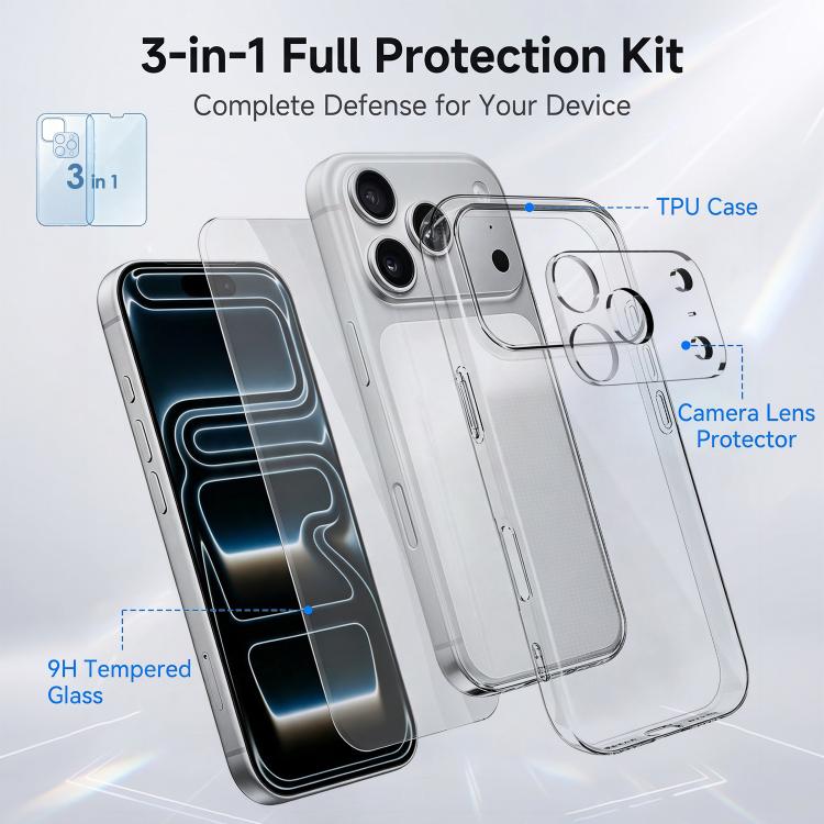 Set 3 in 1: custodia per telefono in TPU trasparente con pellicola in vetro temperato ad alto contenuto di allumina e protezione per l'obiettivo., For iPhone 18 Pro, For iPhone 18 Pro Max, For iPhone 17 Pro Max, For iPhone 17 Pro, For iPhone 17        ...