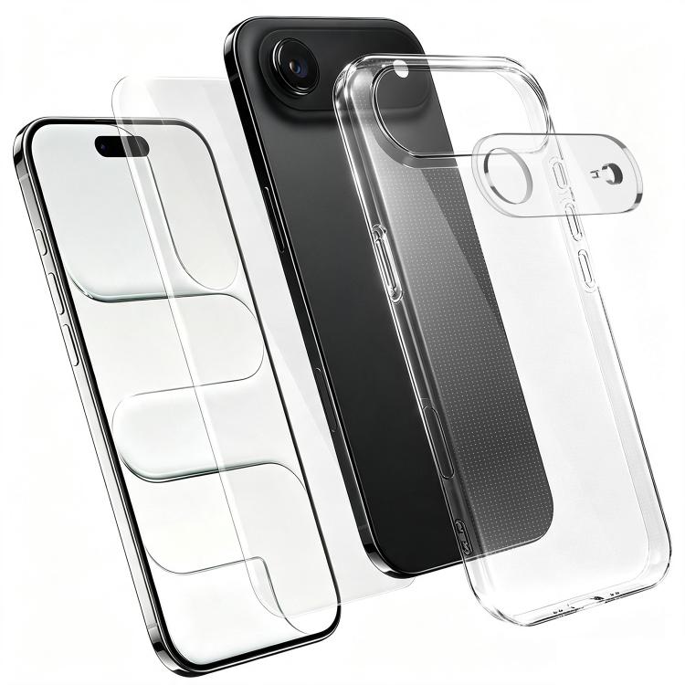 Set 3 in 1: custodia per telefono in TPU trasparente con pellicola in vetro temperato ad alto contenuto di allumina e protezione per l'obiettivo., For iPhone 18 Pro, For iPhone 18 Pro Max, For iPhone 17 Pro Max, For iPhone 17 Pro, For iPhone 17        ...