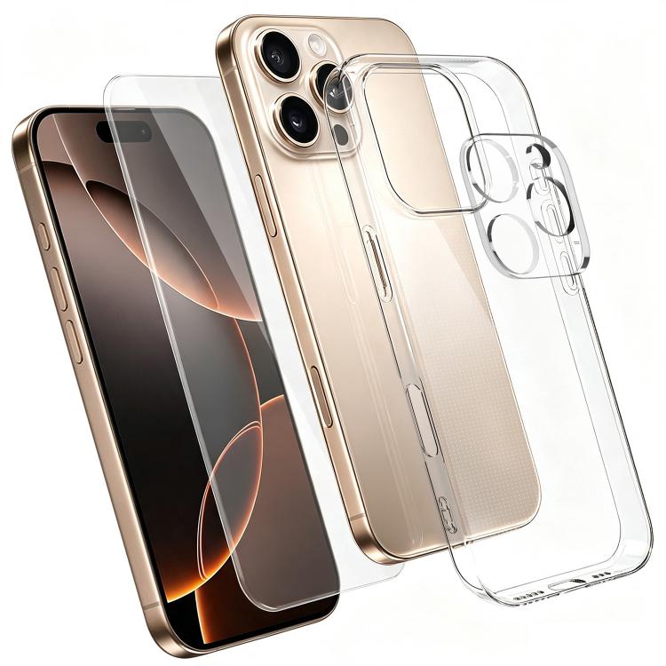 Set 3 in 1: custodia per telefono in TPU trasparente con pellicola in vetro temperato ad alto contenuto di allumina e protezione per l'obiettivo., For iPhone 18 Pro, For iPhone 18 Pro Max, For iPhone 17 Pro Max, For iPhone 17 Pro, For iPhone 17        ...