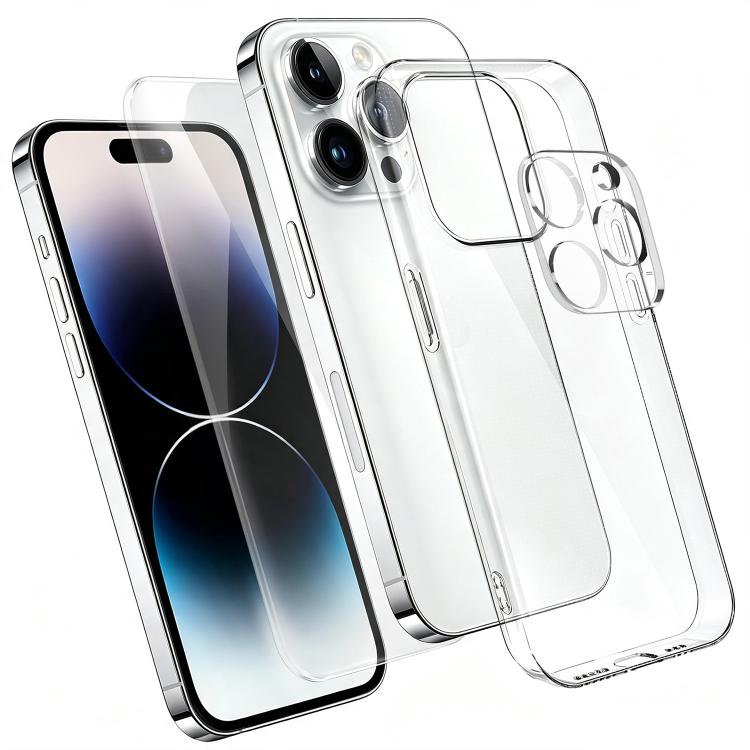 Set 3 in 1: custodia per telefono in TPU trasparente con pellicola in vetro temperato ad alto contenuto di allumina e protezione per l'obiettivo., For iPhone 18 Pro, For iPhone 18 Pro Max, For iPhone 17 Pro Max, For iPhone 17 Pro, For iPhone 17        ...