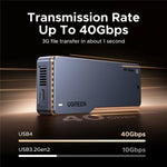Box esterno UGREEN D703 per SSD M.2 NVMe da 40 Gbps con doppio chip e ventola di raffreddamento.