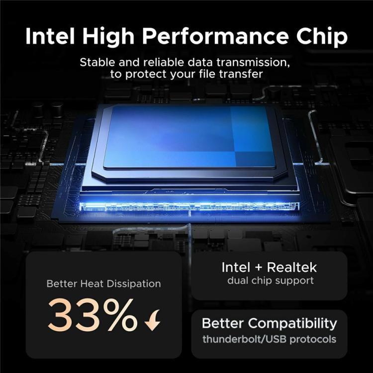 Box esterno UGREEN D703 per SSD M.2 NVMe da 40 Gbps con doppio chip e ventola di raffreddamento.
