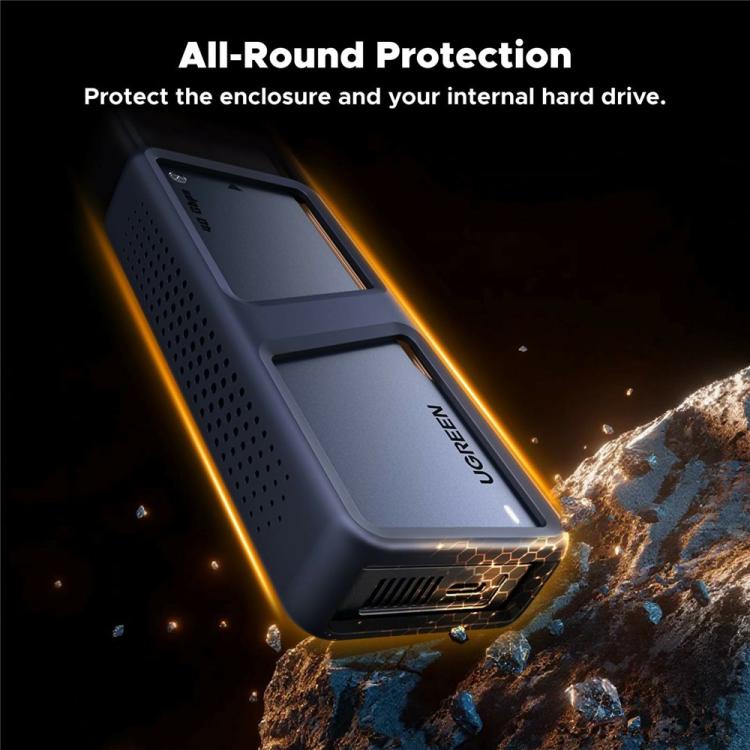 Box esterno UGREEN D703 per SSD M.2 NVMe da 40 Gbps con doppio chip e ventola di raffreddamento.