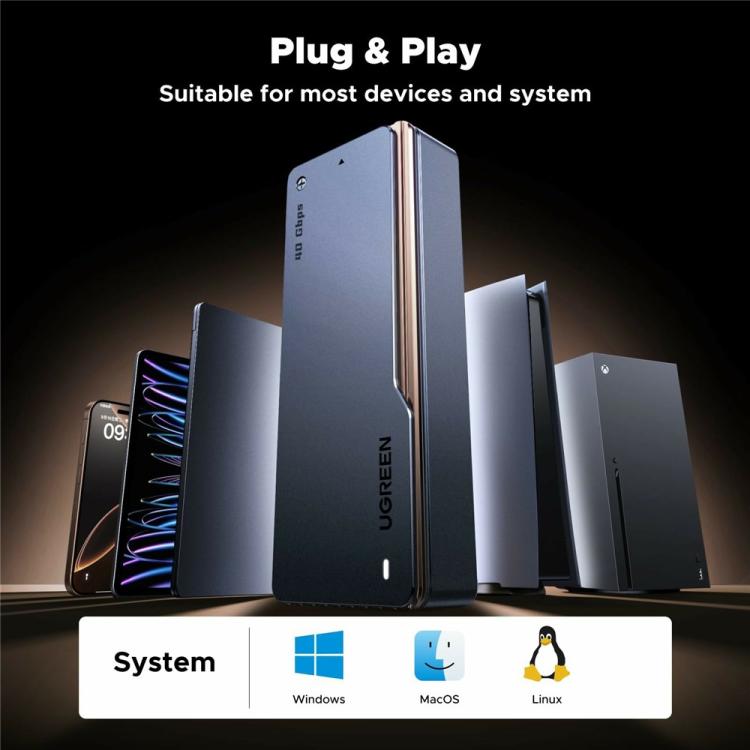 Box esterno UGREEN D703 per SSD M.2 NVMe da 40 Gbps con doppio chip e ventola di raffreddamento.
