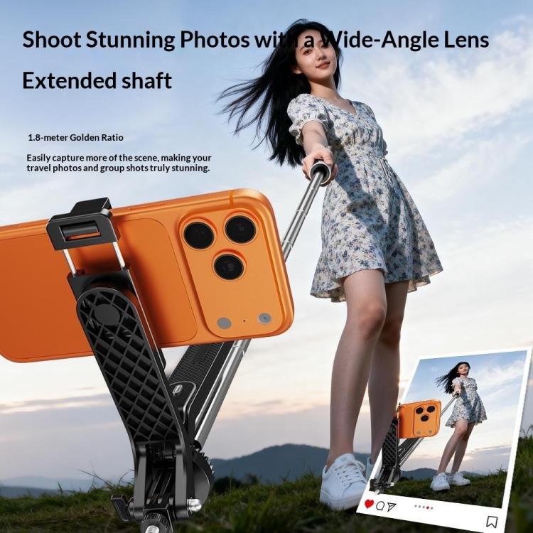T180 Asta per selfie da 1,8 m con treppiede in acciaio inossidabile e testa orientabile a 360 gradi per streaming live e registrazione video., T180