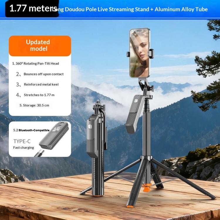 T04 Asta per selfie da 1,77 m con treppiede, testa girevole a 360 gradi e attacco filettato da 1/4" per smartphone e action camera., T04