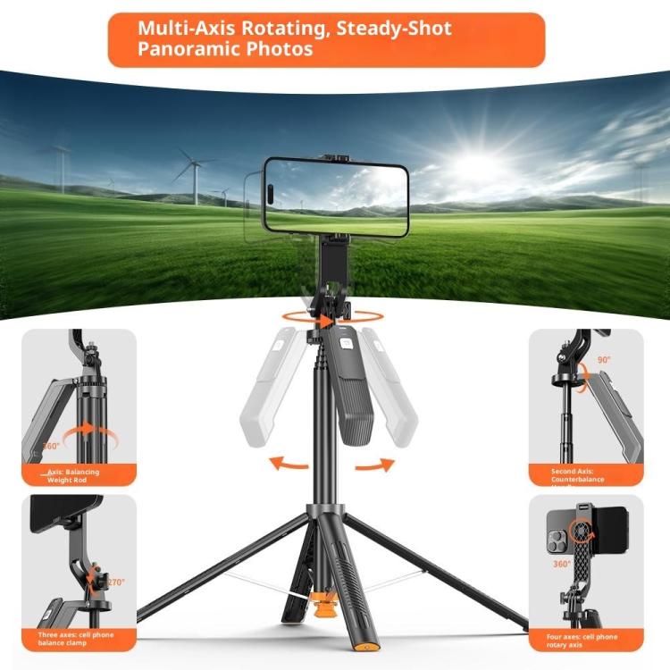 T04 Asta per selfie da 1,77 m con treppiede, testa girevole a 360 gradi e attacco filettato da 1/4" per smartphone e action camera., T04